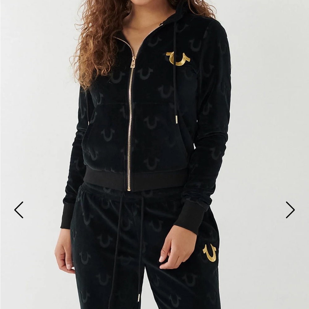True Religion Black Velour Bomber Jacket with Gold Logo